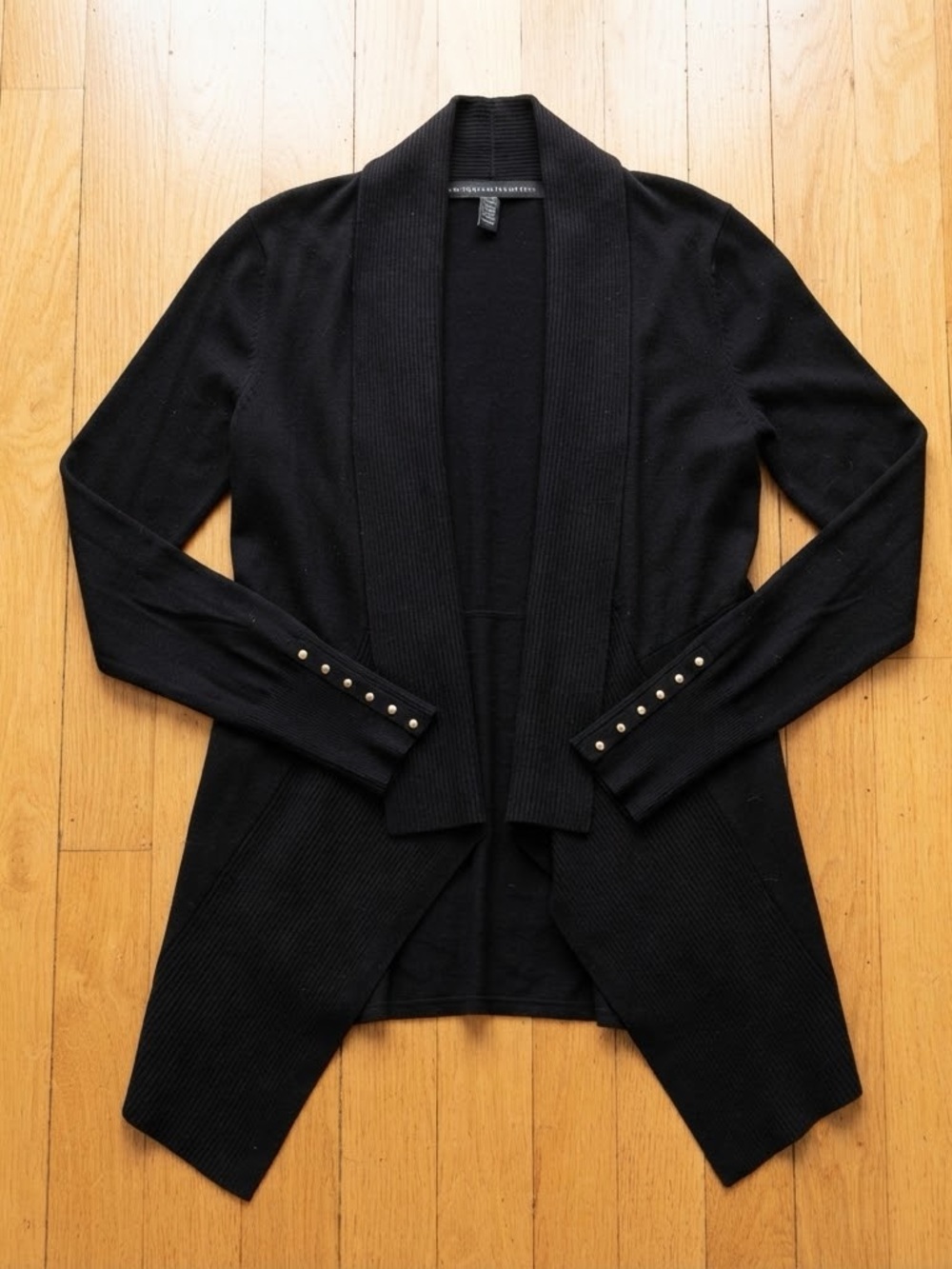 Black Open-Front Women's Cardigan Sweater with Button Cuff Details